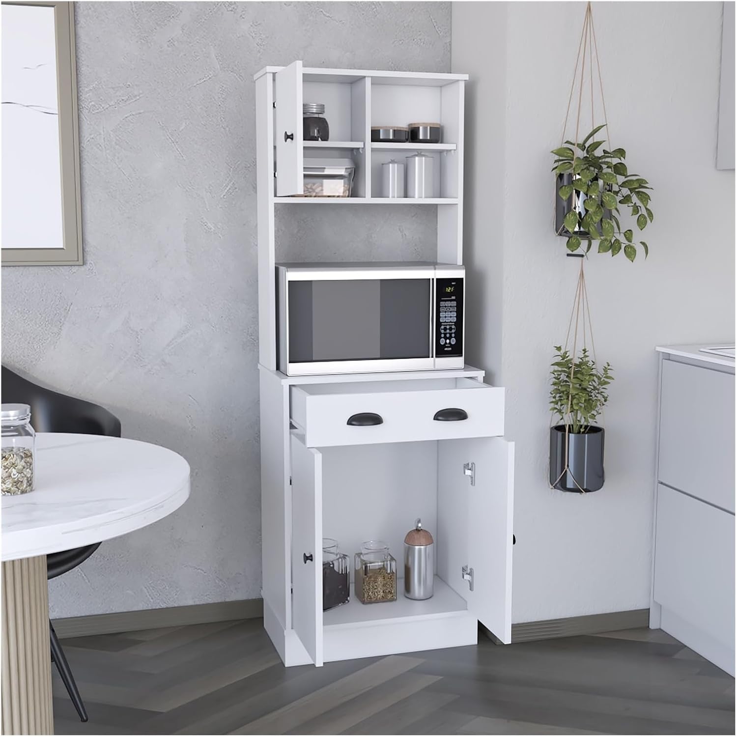 Kitchen Pantry 67" H, Two Cabinets, Three Doors, Two Open Shelves, One Drawer, Microwave Storage Option,for Kitchen