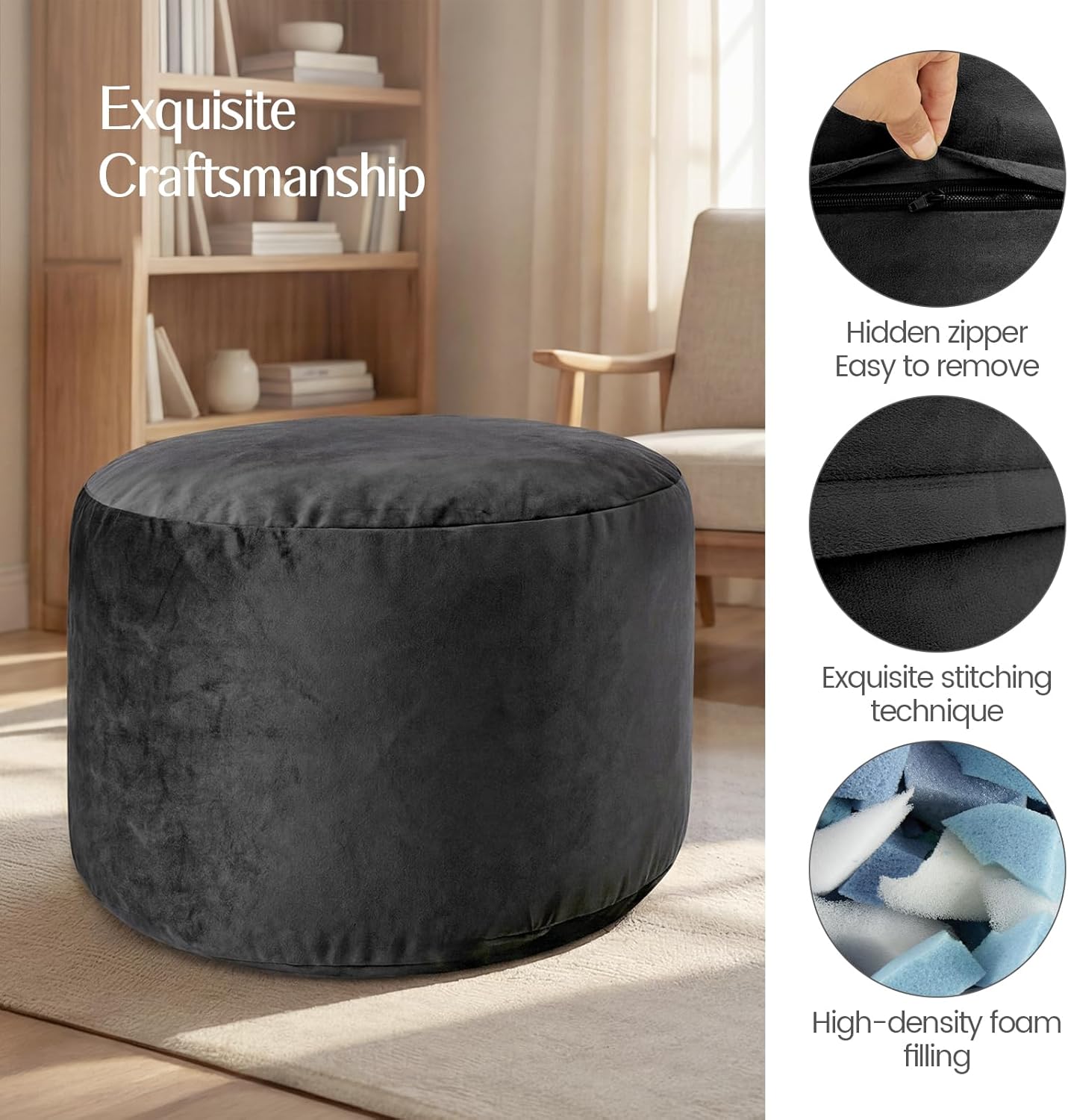 5FT Bean Bag Chair for Adults, Gaint Bean Bag with Filling, Memory Foam Bean Bags with Ultra Soft Washable Dutch Velvet Cover, Beanbag for Living Room, Bedroom and Gaming Room -5 Foot, Black