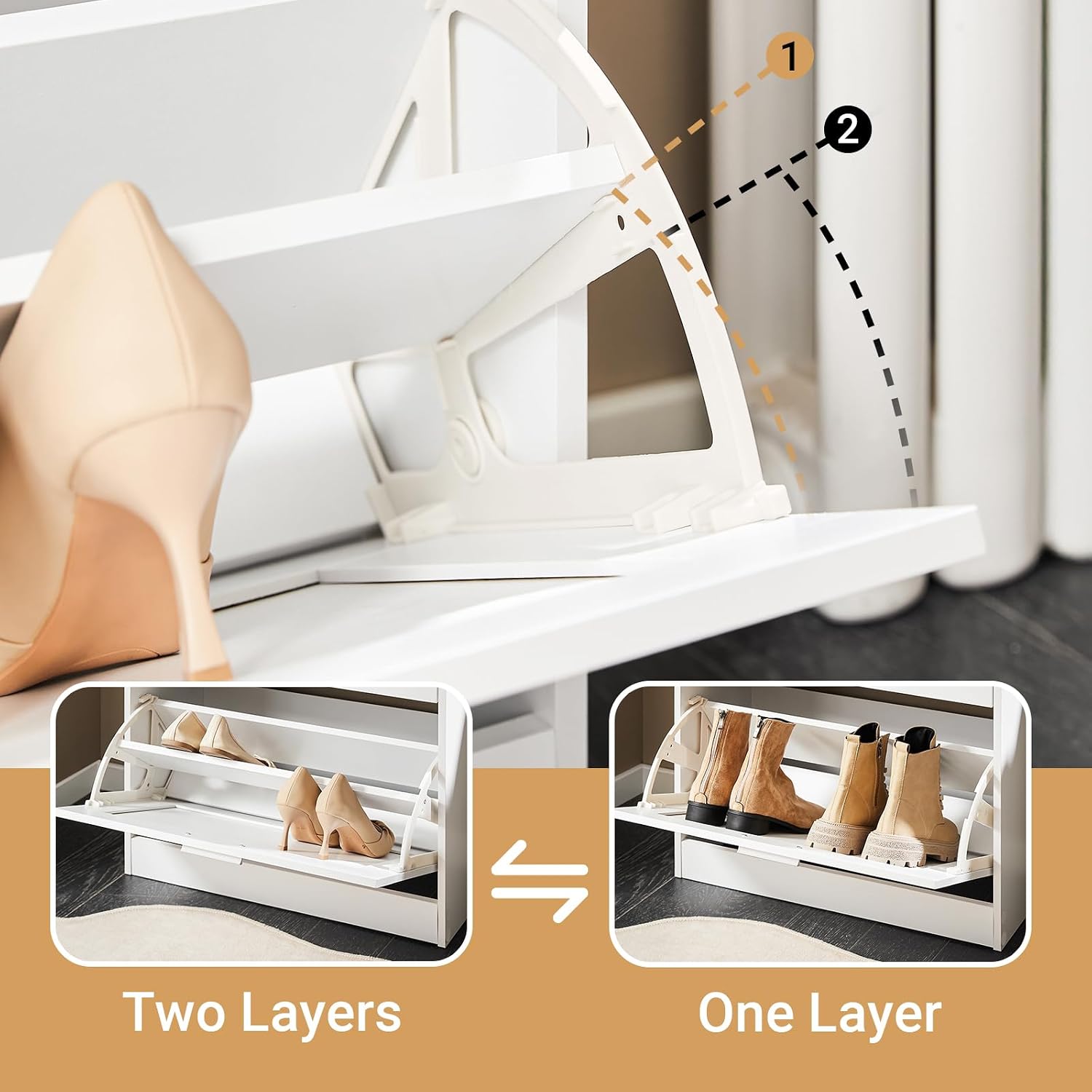 Hestiamo Shoe Cabinet for Entryway, 2-Tier Flip Drawer Shoe Storage Cabinet with Dividers, Shoe Organizer for Small Spaces, Narrow Shoe Rack, Slim Shoe Rack Freestanding, White, HUS-FSR137