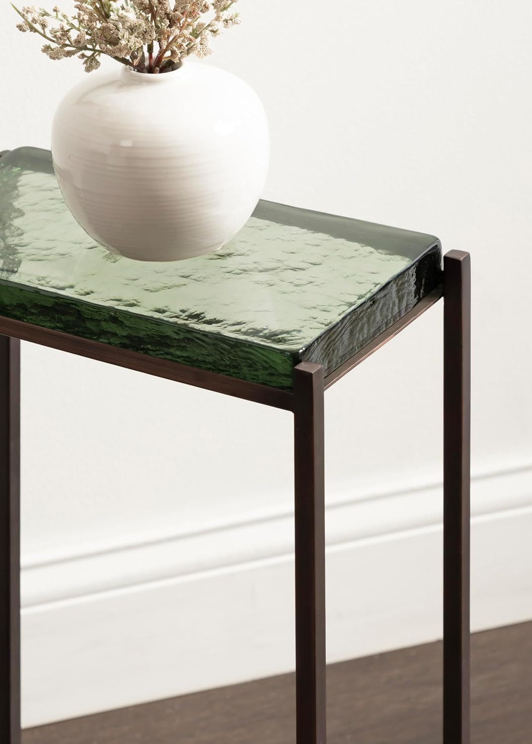 Kate and Laurel Aguilar Modern Glam Slim Side Table, 12 x 7 x 22, Green Glass and Bronze, Decorative Narrow End Table for Use as Skinny Bedroom Nightstand or Living Room Accent