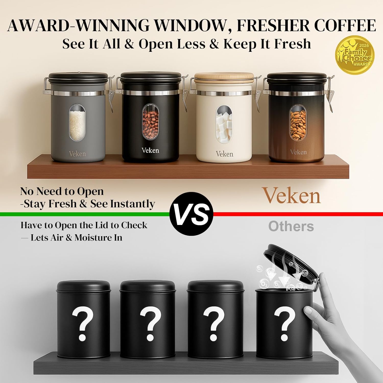 Veken Coffee Canister with Window,Airtight Stainless Steel Kitchen Food Storage Container, Date Tracker & Scoop for Grounds Coffee, Beans, Tea,Flour,Cereal,Sugar,22OZ,Copper (Pack of 2)