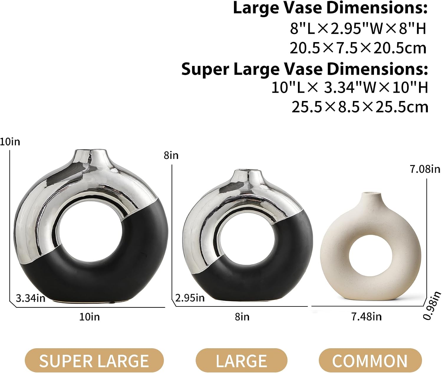 Ceramic Donut Vase, 8" L x 8" H Black and Silver Vase for Pampas Grass, Modern Round Vases for Silver Decor, Ceramic Vase Centerpieces for Wedding, Bedroom, Living Room, Coffee Table, Entryway, Office
