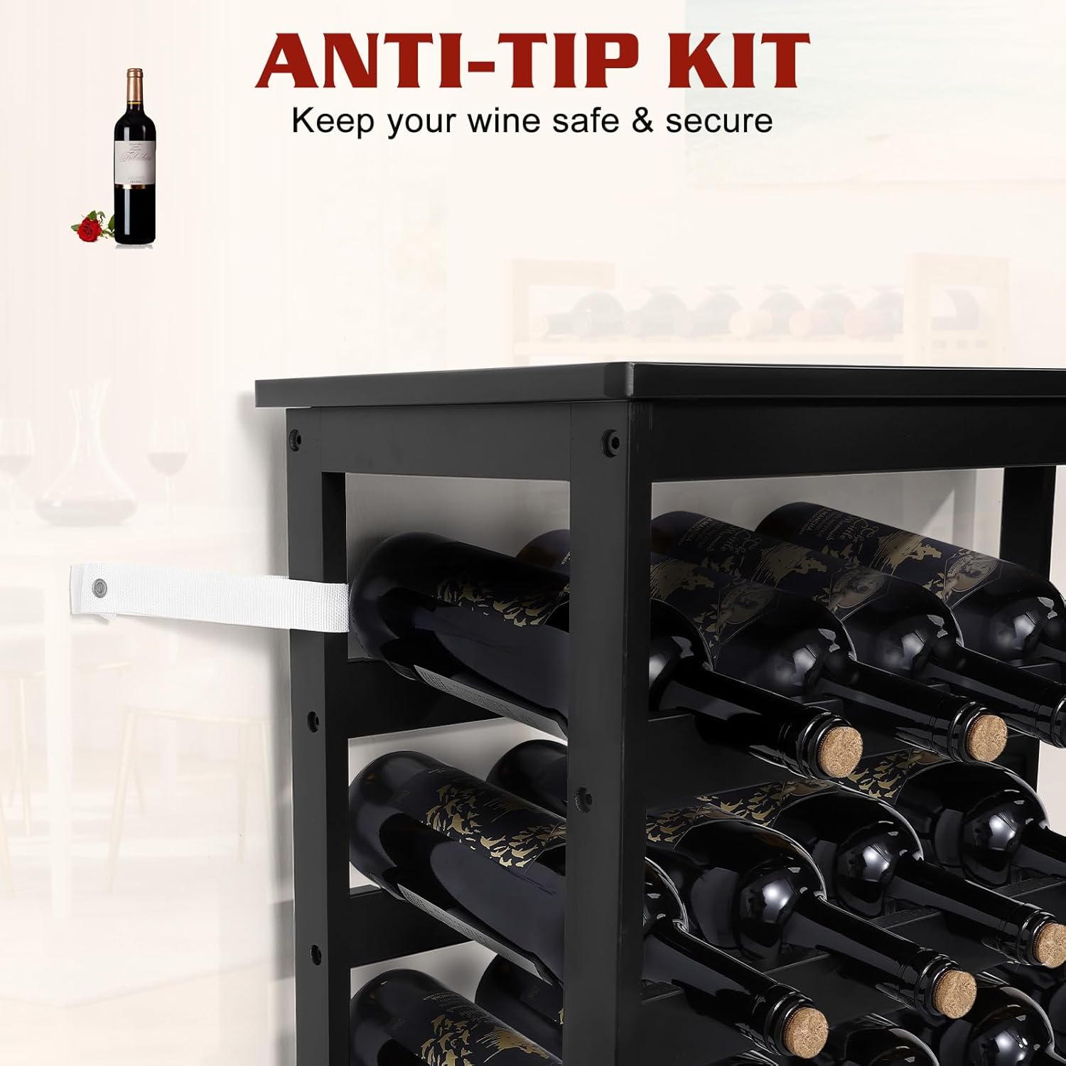 Bamboo Wine Rack Freestanding Floor, 7-Tier 42-Bottle Wine Storage Shelf with Table Top - Black