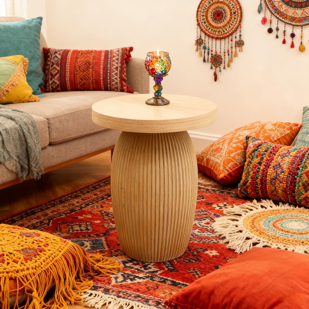 PARISLOFT Mushroom Accent Table, Bohemian Side Table with Light Wood Finish for Small Spaces, Rustic Nightstand or Farmhouse End Table, 15.7”x15.7”x20.5”