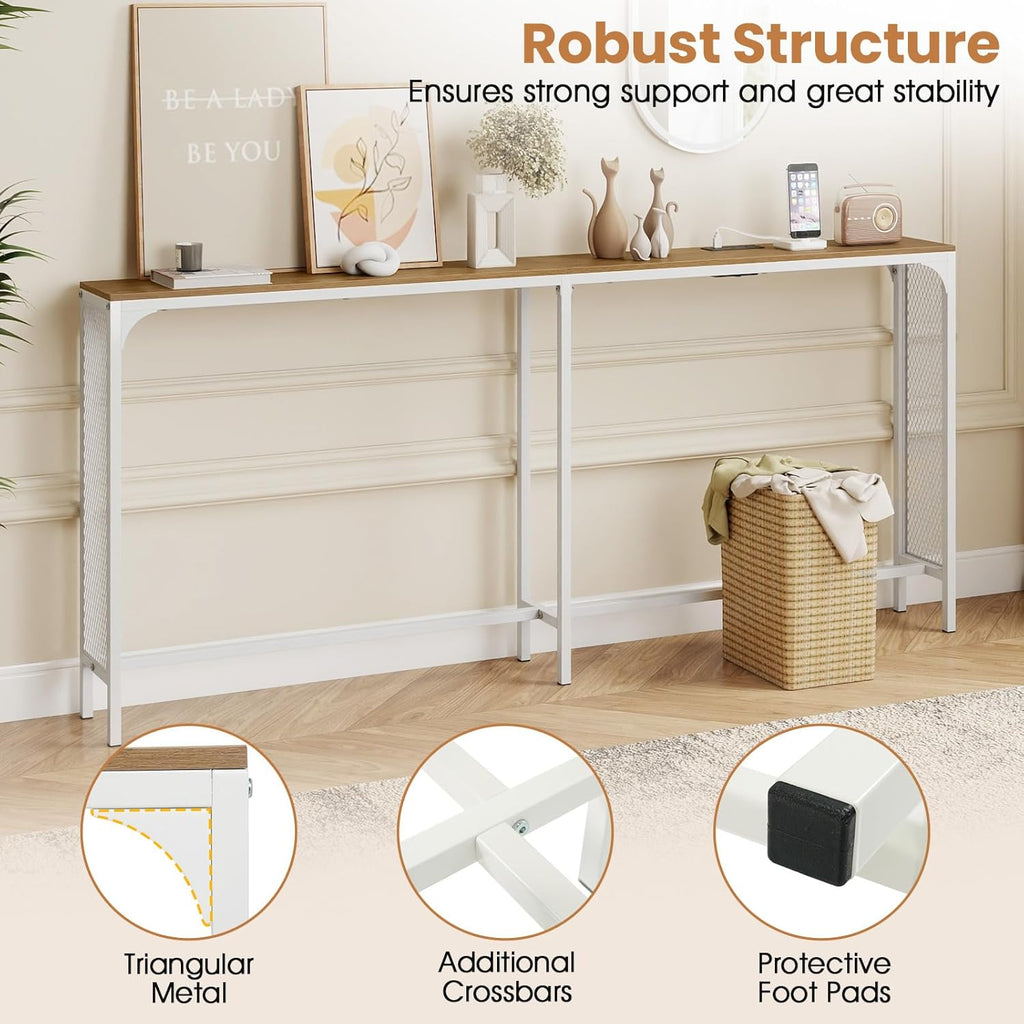 Giantex 71" Narrow Console Table with 2 Power Outlets and USB-C Ports, Sofa Tables with Charging Station & Metal Frame, Skinny Behind Couch Tables, Long Entryway Tables for Living Room, Natural+White