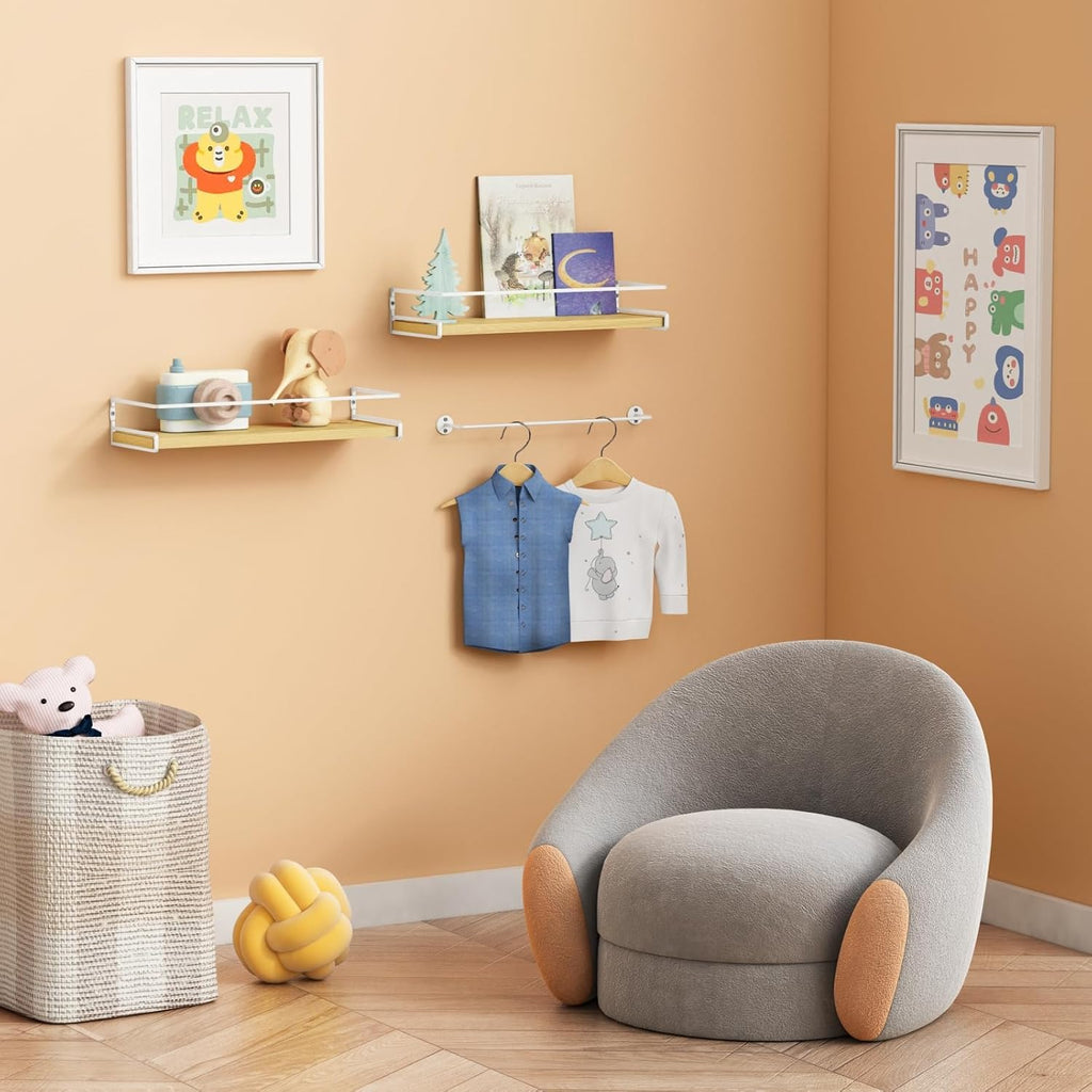 Forbena Floating Shelves for Wall with Rail, White and Natural Wood Nursery Book Shelves for Baby Girls Boys Kids Room Bedroom, Hanging Bookshelves Wall Mounted for Books, Toys, Bathroom (Set of 2)