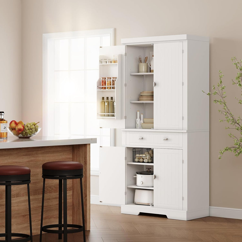 72" Kitchen Pantry Cabinet, Kitchen Pantry with 6 Door Shelves, 2 Cabinets and 1 Drawer, Tall Storage Cabinet for Living Room, Dining Room, White