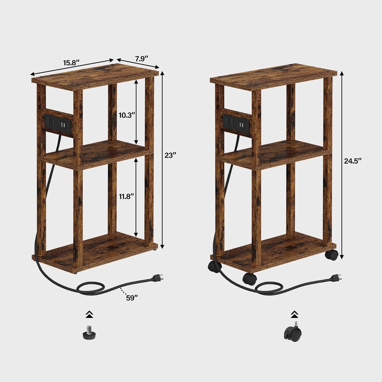 TUTOTAK Small Narrow Side Table with Charging Station, Skinny End Table for Small Spaces, Slim Nightstand with USB Ports and Outlet, Sofa Beside Table with Wheels, Rustic Brown TB01BB046C