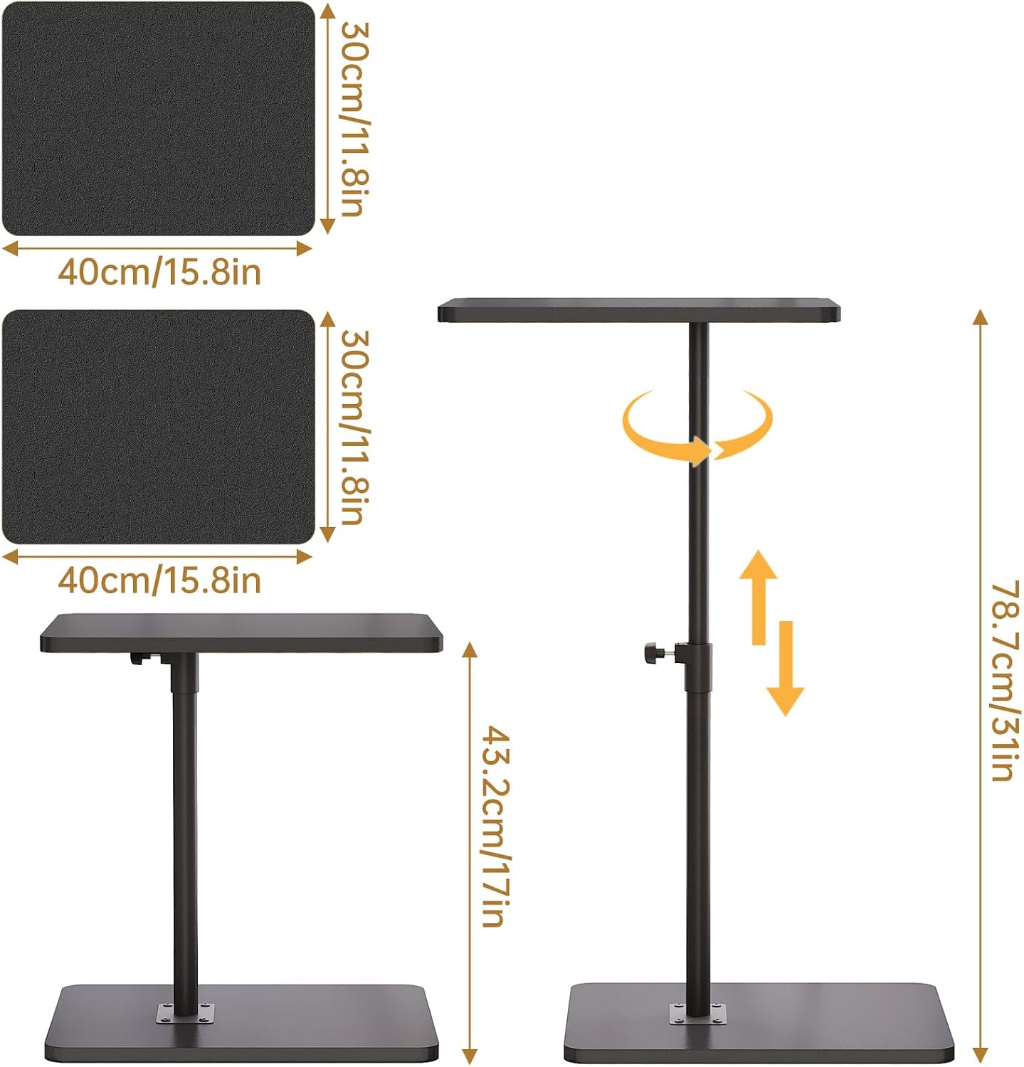 NiHome Minimalist Height Adjustable End Table, 360° Rotatable Sofa Armrest Side Tray Table, Adjustable Legs Space-Saving Couch Bedside TV Tray C-Shaped End Table Snack Table for Eating(Black)