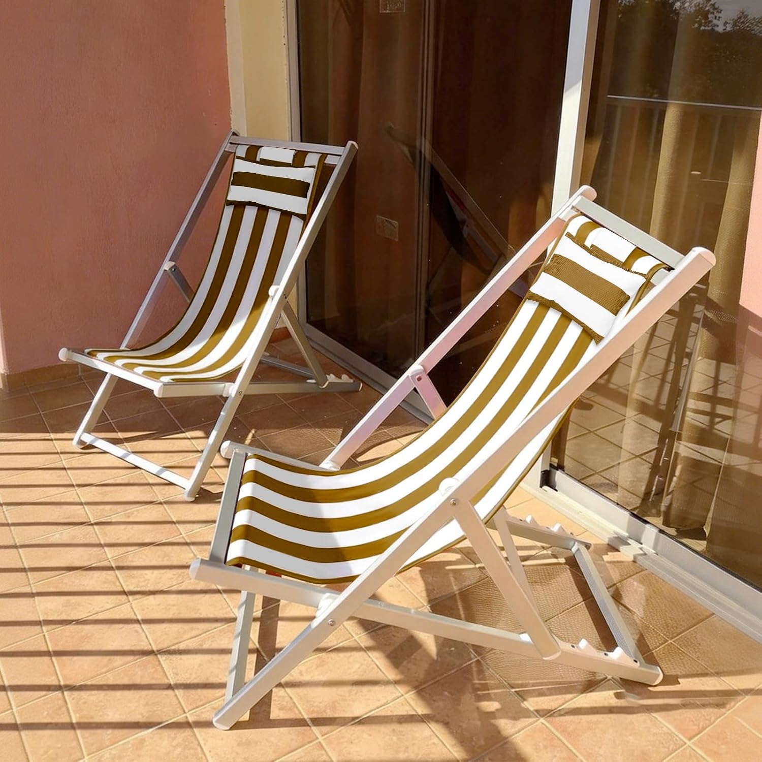 Beach Sling Chair Replacement Canvas, 16x44.5 Inch Folding Lounge Chair Fabric with Pillow for Beach/Sunbathing/Courtyard/Garden [Striped Brown, Only Replacement]
