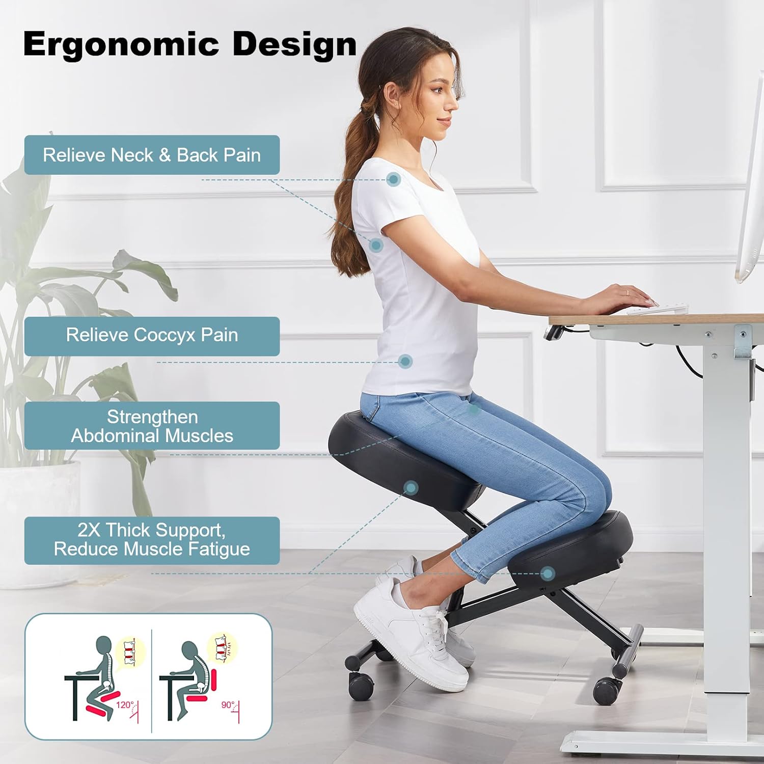 Ergonomic Kneeling Chair, Height Adjustable Office Chair with an Angled Seat and Casters for Home, Meditation Chair