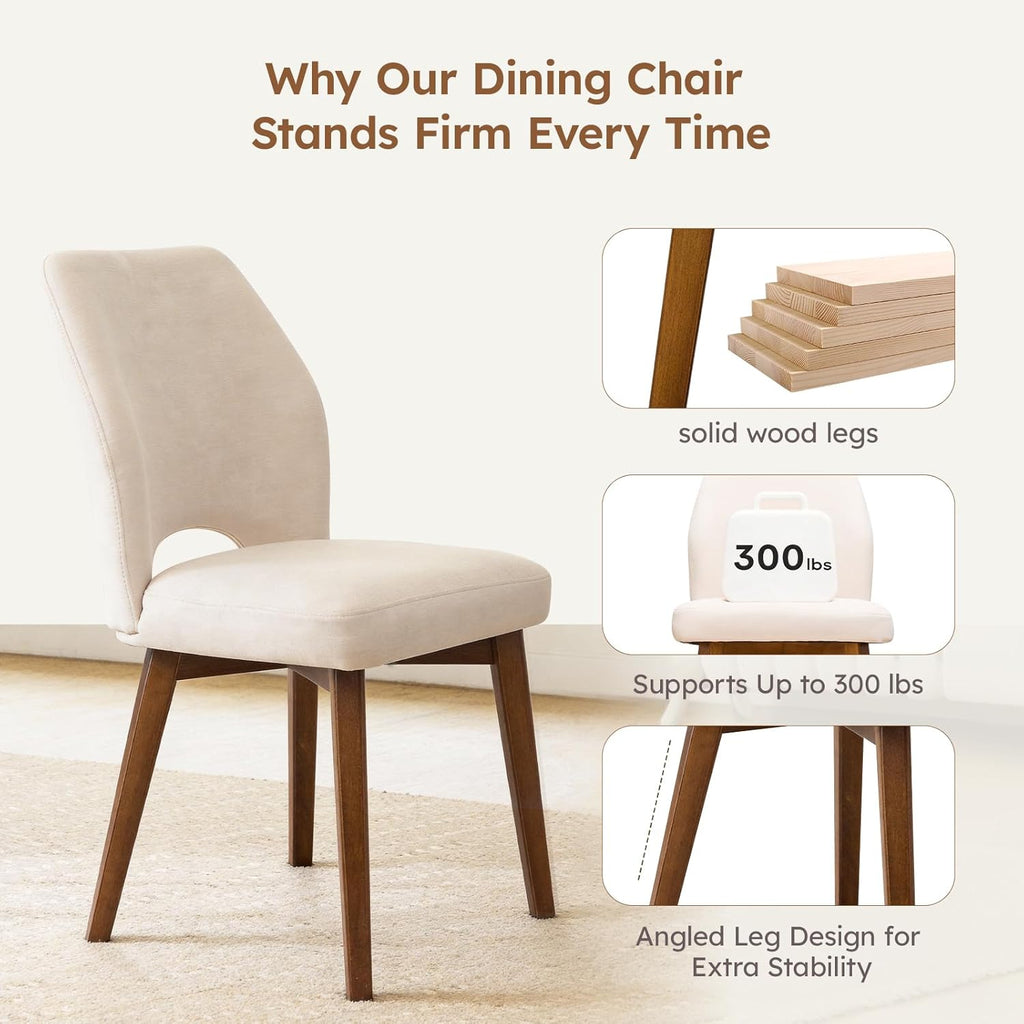 Dining Chairs Set of 4, Upholstered Kitchen Chairs with Unique Cutout High Back & Wood Legs, Comfortable Fabric Side Chair for Dining Room, Living Room, Beige
