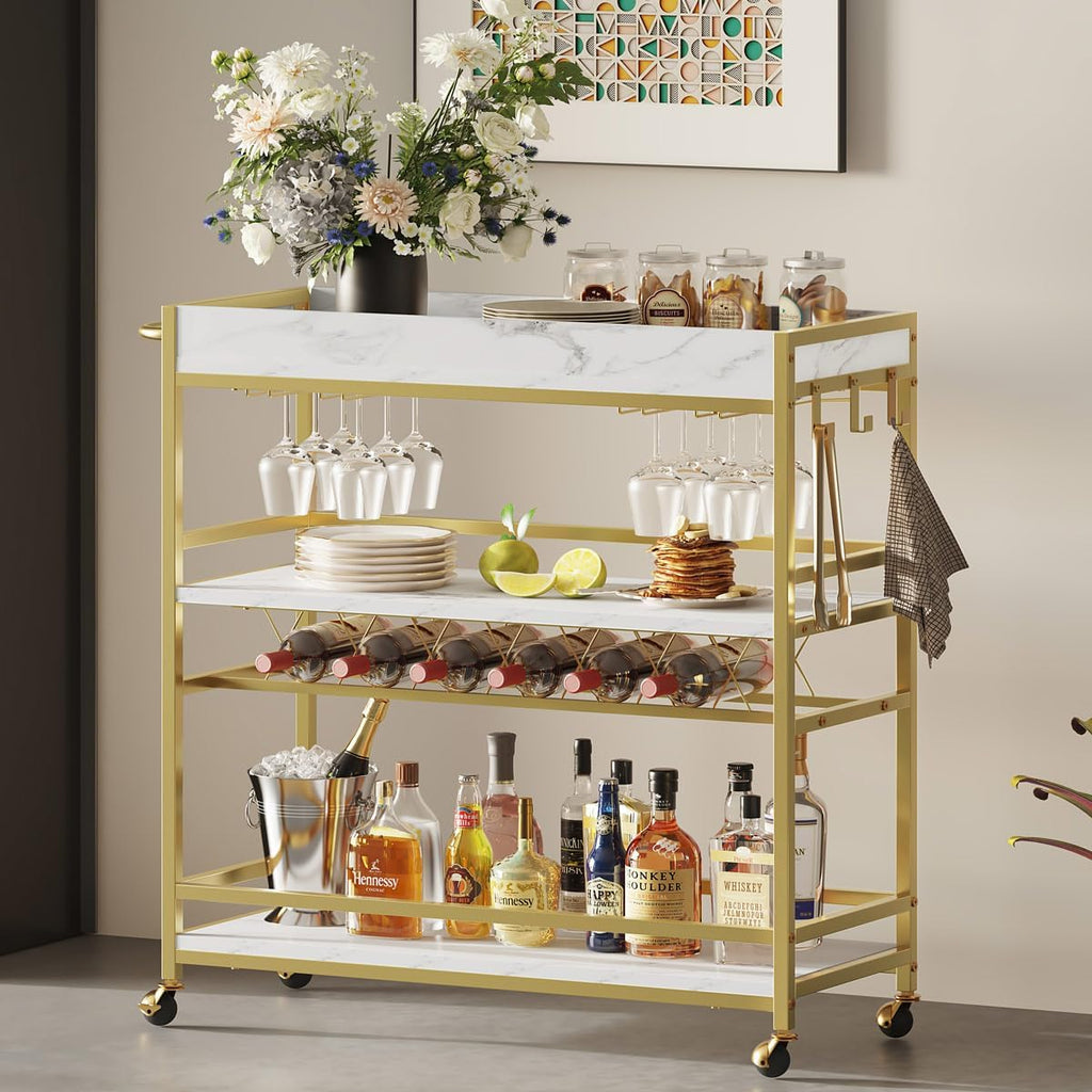 BON AUGURE Bar Cart for The Home, Rolling Home Bar Serving Cart on Wheels, 3 Tier Mobile Liquor Beverage Carts with Wine Rack and Glass Holder (Gold & Marbleized White)