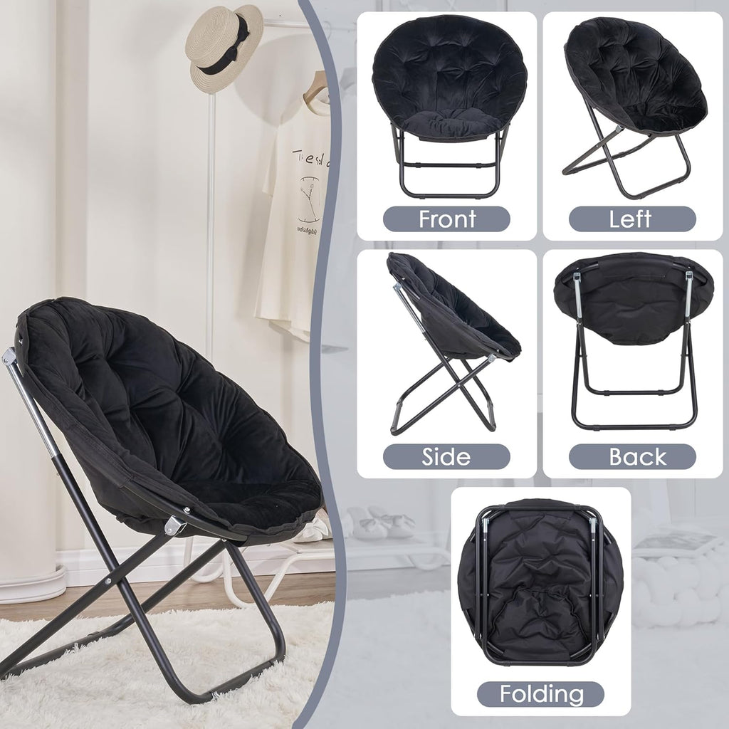 VECELO Saucer Chair for Adults, Folding Moon Chair with Metal Frame, Faux Fur for Bedroom, Living Room, Dorm Room, Apartment, Black