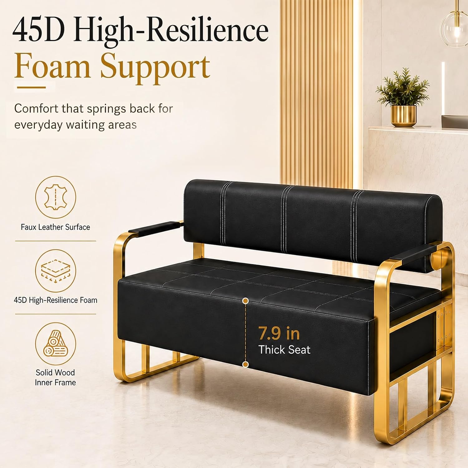 Waiting Room Bench with Backrest and Metal Armrests, Faux Leather Upholstered Reception Bench, Padded Seat for Salon, Office, Lobby, Barber Shop, Apartment(Black-Silver Frame,59.1*21.6*28.7in)