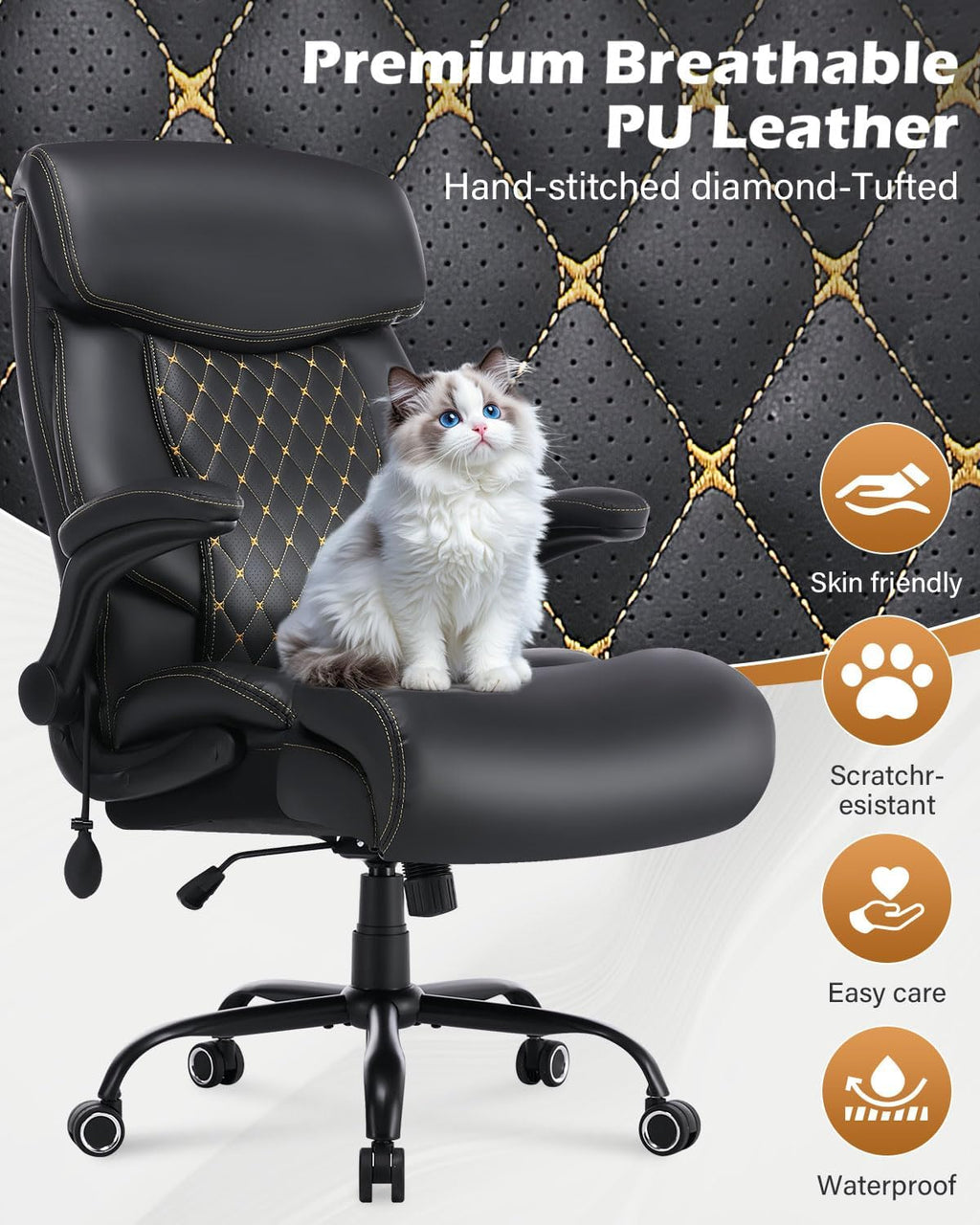 550LBS Big and Tall Office Chair for Heavy People,Ergonomic Office Chair with Padded Flip-Up Arms and Adjustable Lumbar Support,High Back Executive Leather Desk Chair with Rocking Function