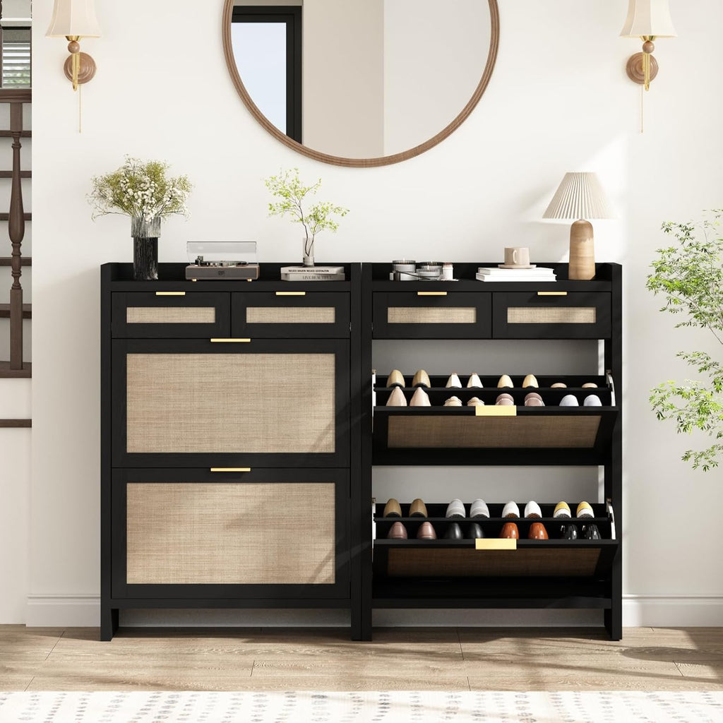 HOKYHOKY Rattan Shoe Storage Cabinet with 2 Drawers & 2 Flip Drawers – Hidden Slim Shoe Organizer for Entryway, Large Tabletop Space, Farmhouse Boho Narrow Shoe Rack, Rustic Black