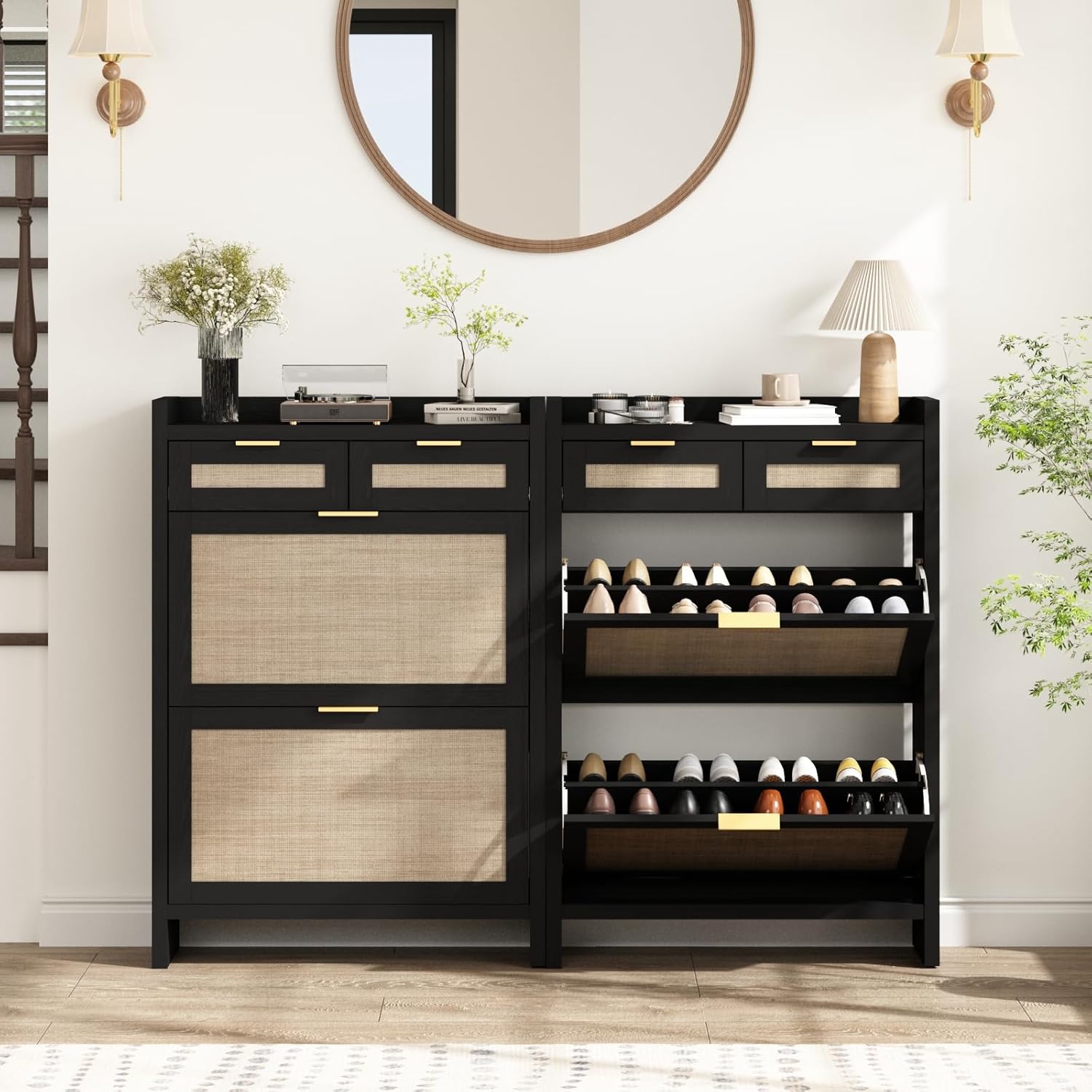 HOKYHOKY Rattan Shoe Storage Cabinet with 2 Drawers & 2 Flip Drawers – Hidden Slim Shoe Organizer for Entryway, Large Tabletop Space, Farmhouse Boho Narrow Shoe Rack, Rustic Black