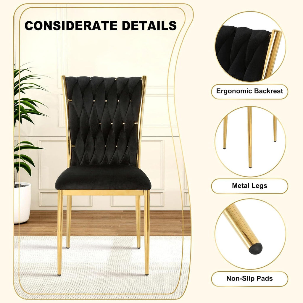 51'' Glass Dining Table Set for 4, Modern Rectangular Dining Room Table with Gold Metal Legs & 4 Upholstered Velvet Dining Chairs, Space-Saving Kitchen Table Set for Small Spaces, Apartment(Black)