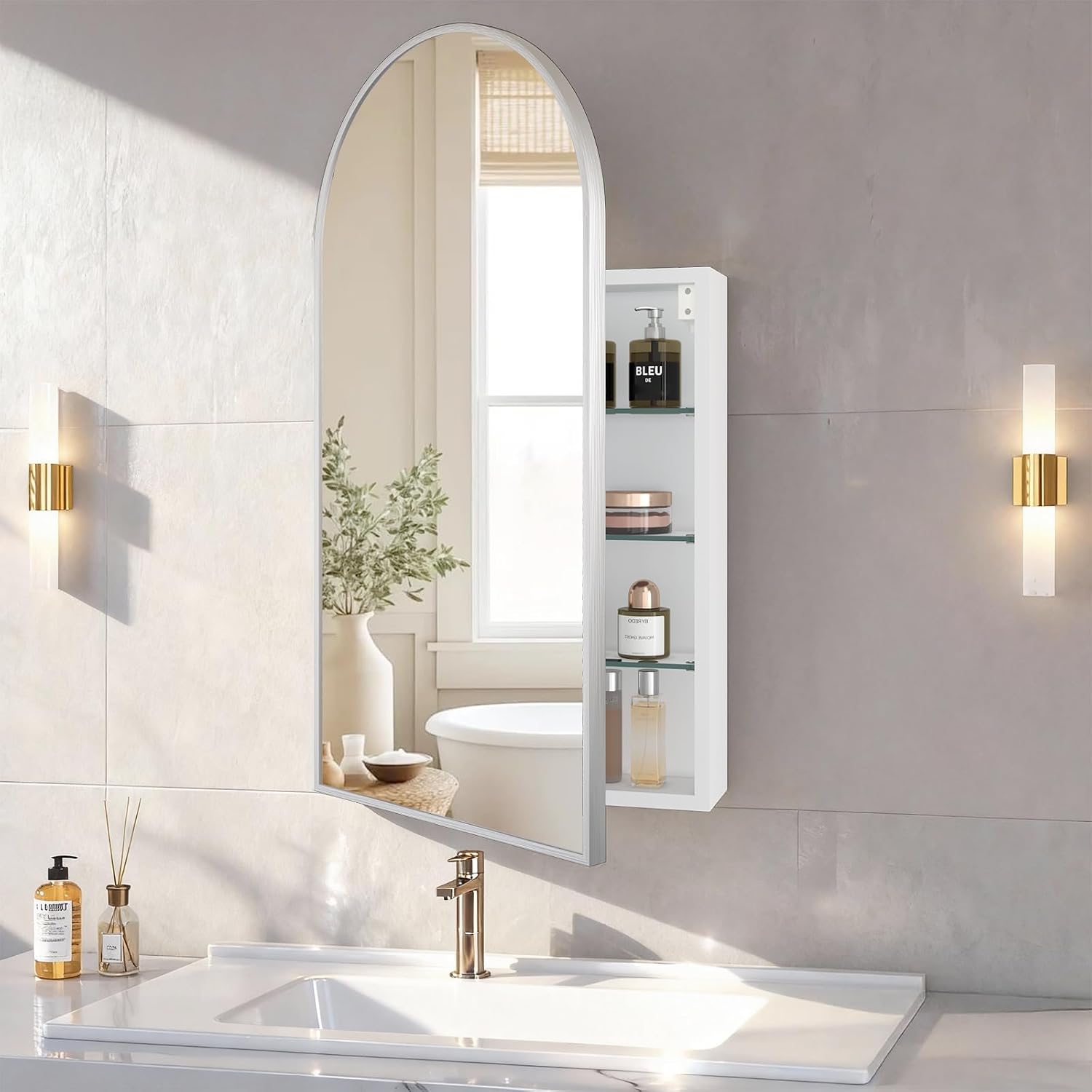 FKWin Arched Medicine Cabinets with Mirror, Bathroom Mirror with Storage, Aluminum Alloy Bathroom Cabinet, Modern Bathroom Wall Cabinet with 3 Adjustable Shelves, Not Recessed, 29.5"x15.7",Silver