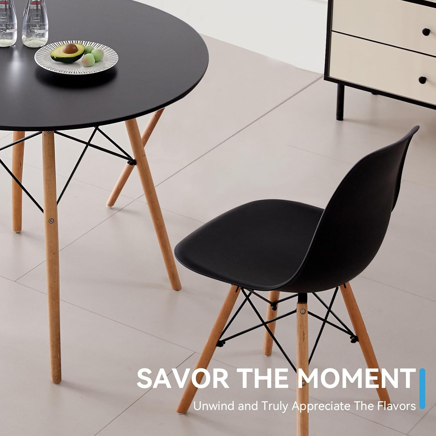 5-Piece 35.5" Round Dining Table Set, Small Kitchen Table Chairs Set of 4 Plastic Seats, Solid Wood Legs, Space Saving Furniture for Living Room Apartment Office Home, Black