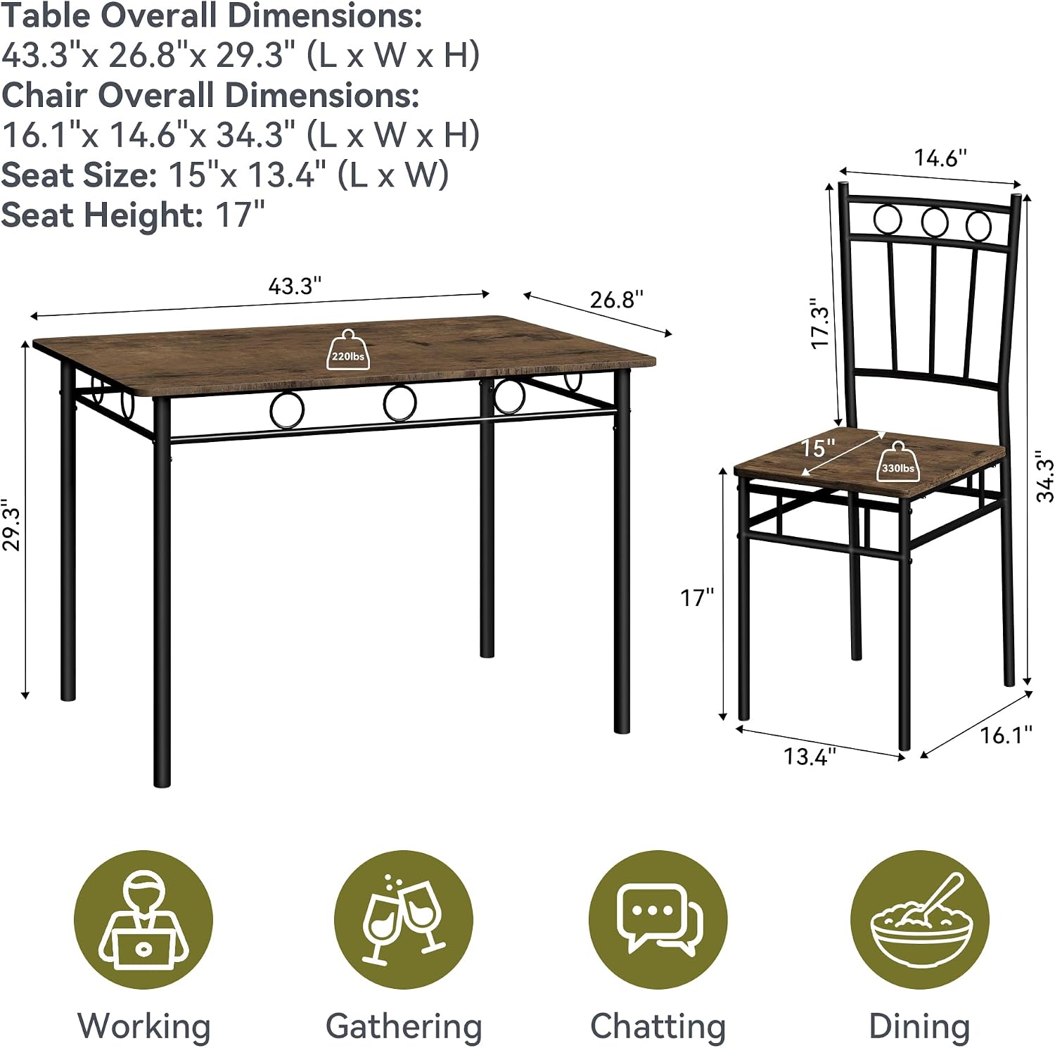 5 Piece Dining Table Set, Wood Kitchen Table and Chairs for Small Space,Breakfast Nook,Easy Assembly,Brown