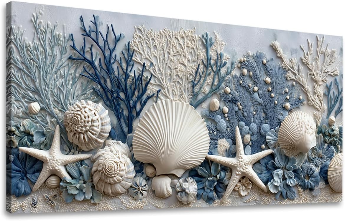 llribbons Coastal Seashell Canvas Wall Art Living Room Bathroom Decor Starfish Coral Seascape Painting Modern Ocean Artwork Prints for Bedroom Beach House Home Decoration Ready to Hang 12" x 24"