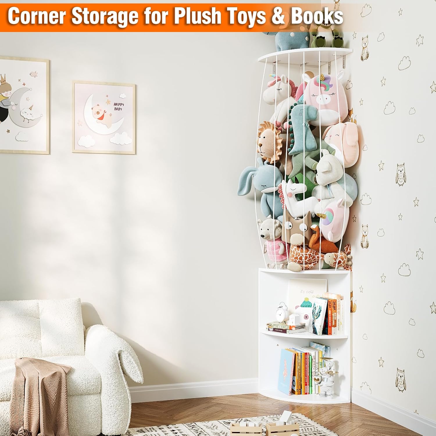 74.7" H Stuffed Animal Storage with 2-Tier Corner Bookshelf - Wall Mount Height Adjustable Plush Toy Organizer, Wooden Kids Bookshelf for Small Spaces Nursery Playroom Kids Room, White