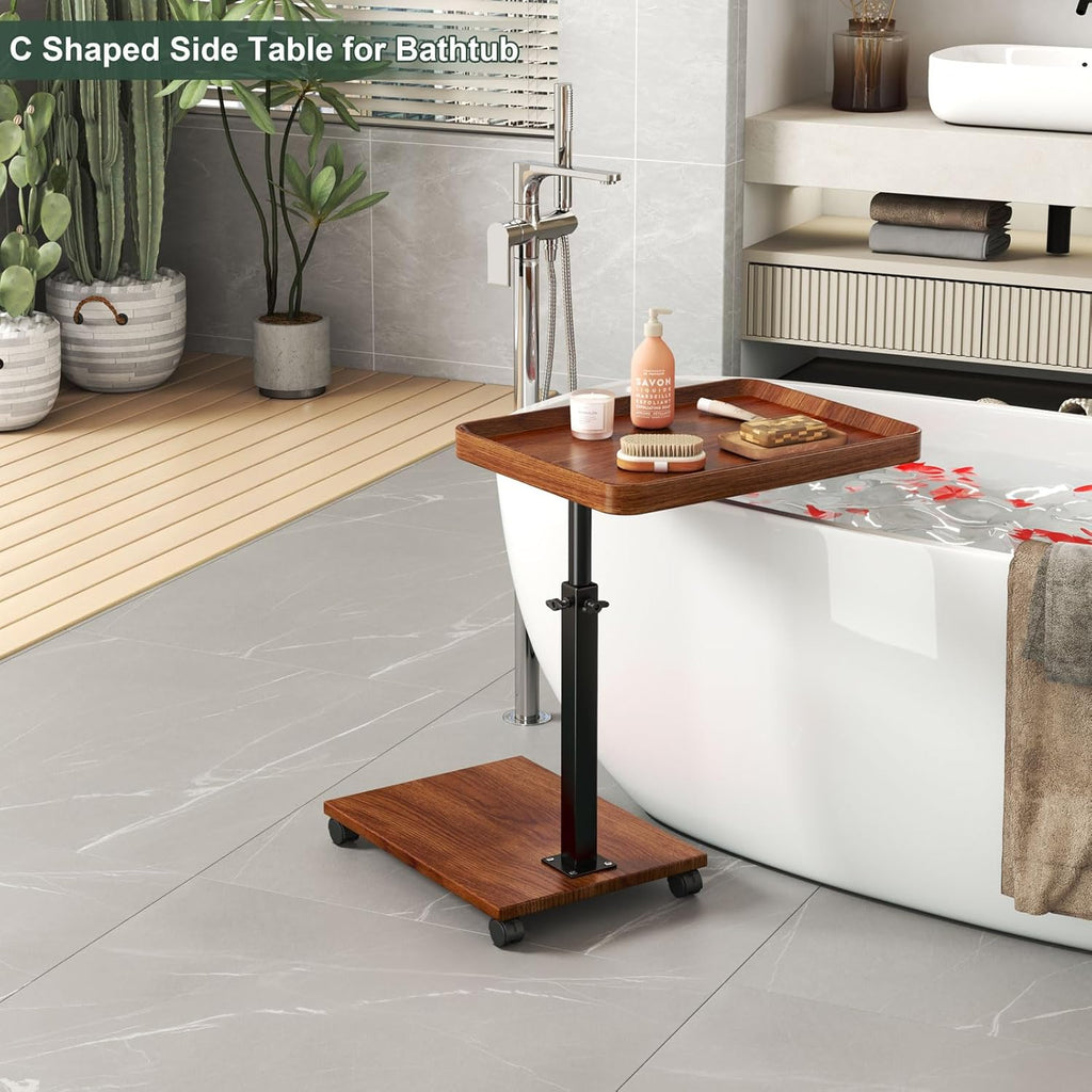 C Shaped Side Table with Wheels, Adjustable Height C Shaped End Table for Couch, 360°Swivel Side Tables that Slide Under, Rolling Small Coffee C Table End Table for Sofa/Bed/Bathtub (Brown)