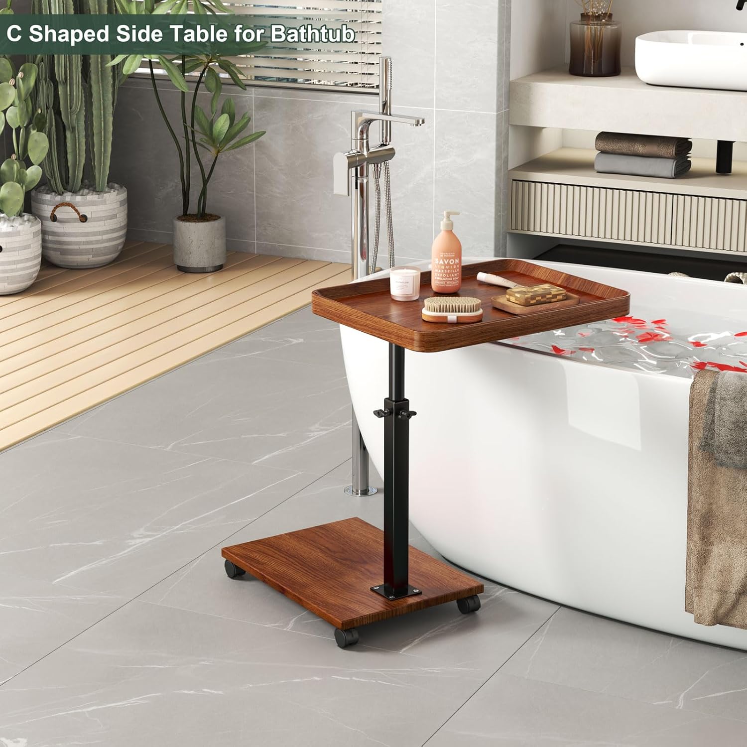 C Shaped Side Table with Wheels, Adjustable Height C Shaped End Table for Couch, 360°Swivel Side Tables that Slide Under, Rolling Small Coffee C Table End Table for Sofa/Bed/Bathtub (Brown)