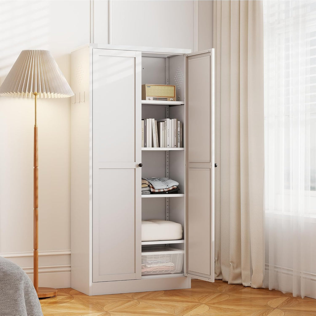 Modern 61" White Metal Kitchen Pantry Cabinet with Adjustable Storage, 4 Durable Shelves - Heavy Duty Organizer for Kitchen, Pantry & Living Room!