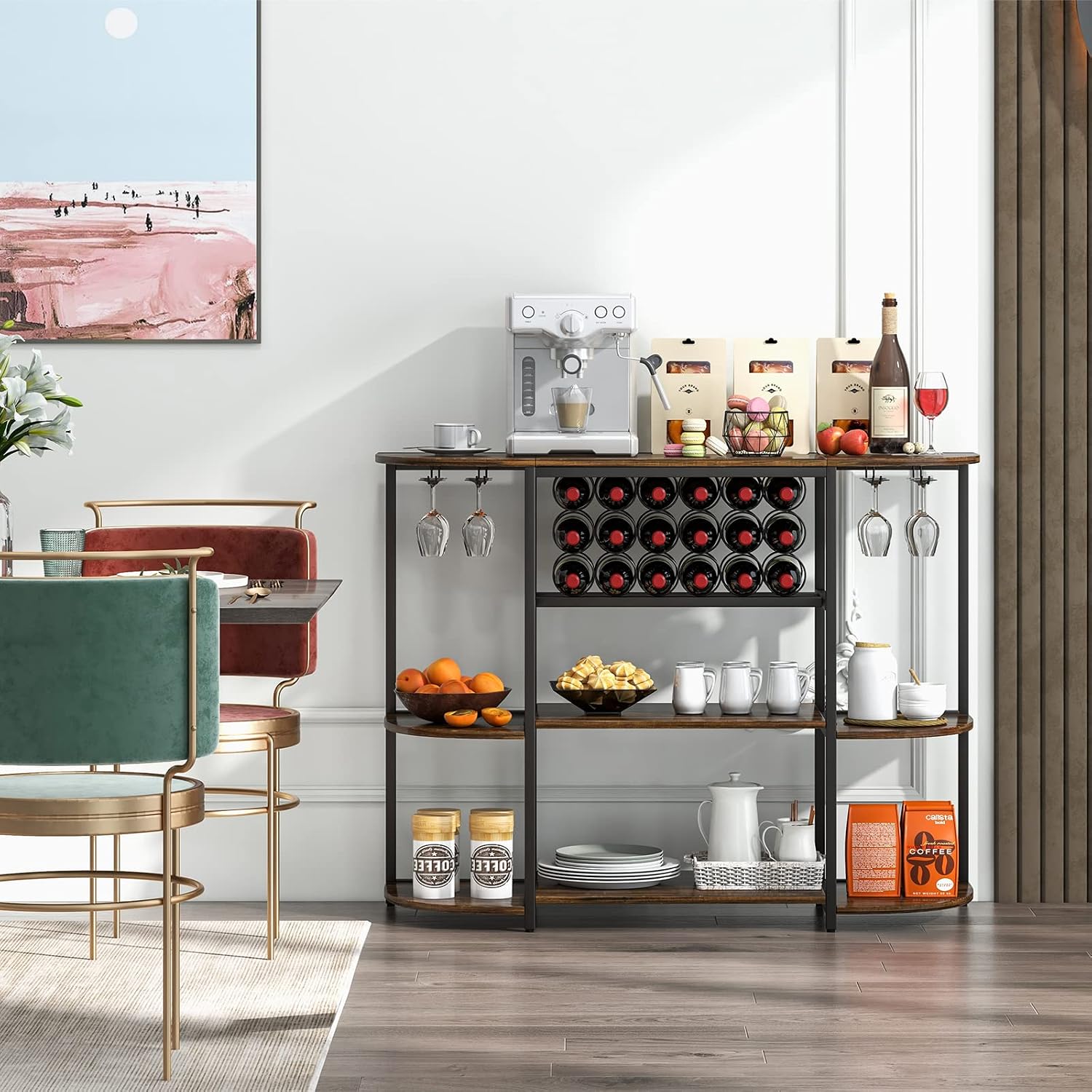 LOKO Wine Rack Table, 47 Inches Industrial Wine Bar Cabinet with Wine Rack & Glass Holders, Freestanding Floor Bar Storage Cabinet for Liquor and Glasses for Home Kitchen Dining Room (Rustic Brown)