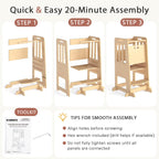 WINGYZ Toddler Tower - Anti-Tip Natural Wood Learning Stool Helper for Kids 18M-6Y, 150lb Capacity Kitchen Stool with 3-Height Adjustable Platform and Sliding Door Access, 20lb Portable Design, Wood