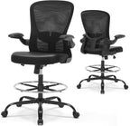 Ergonomic Drafting Chair, Standing Desk Chair with Lumbar Support Tall Office Chair with Flip-Up Arms Footrest Ring, Breathable Mesh High Desk Chair with PU Leather Seat Cushion, Black