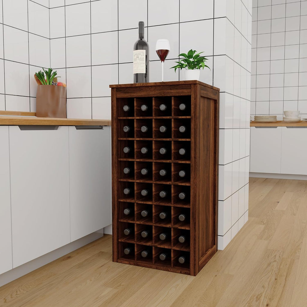 WERSMT 8-Tier Freestanding Wine Rack Wood, 32 Bottles Wine Rack Counter for Small Space, Farmhouse Stackable Modular Wine Bottle Holder Rack, Walnut