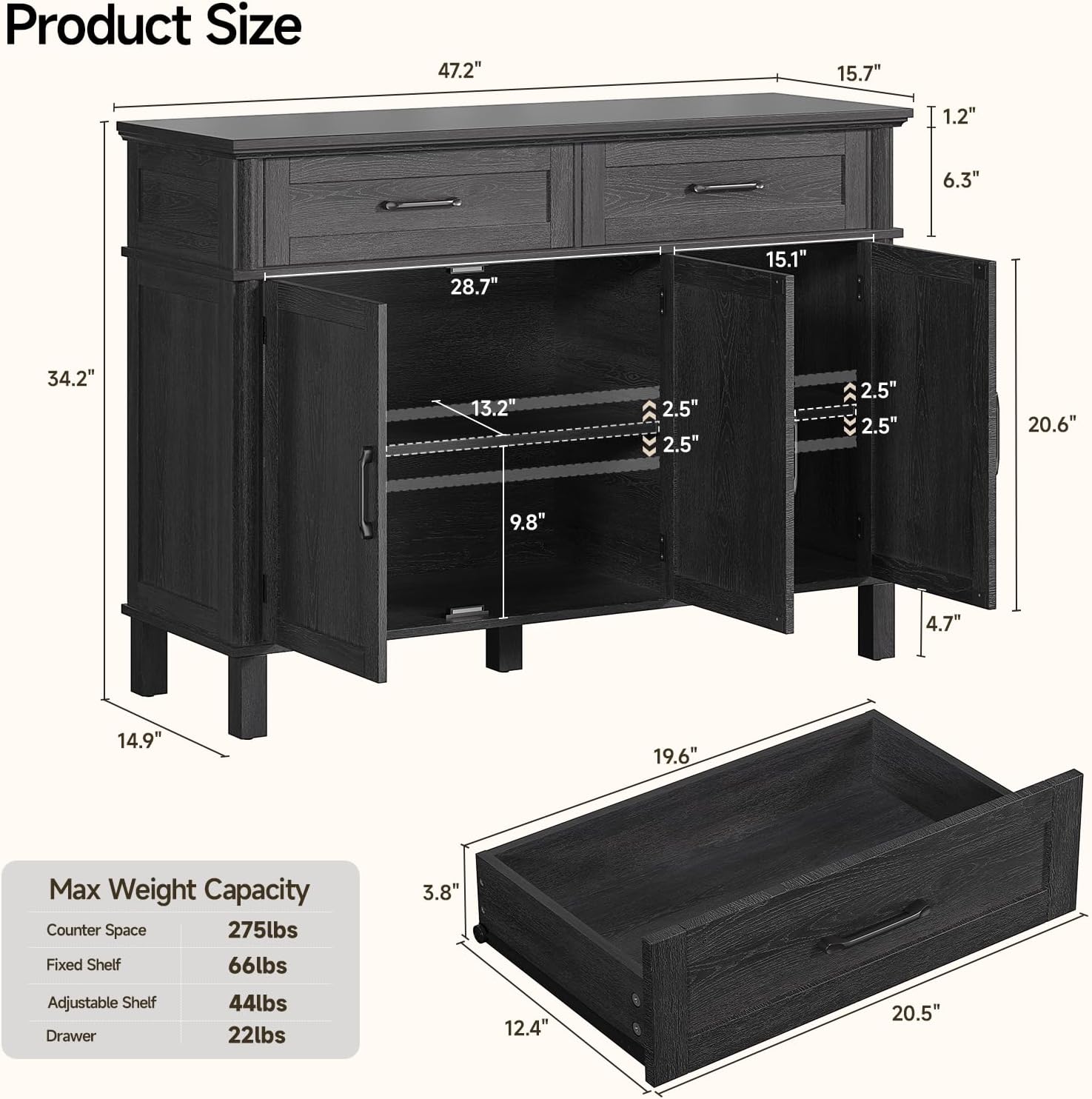 48 Inch Sideboard Buffet Cabinet with Storage, Farmhouse Coffee Bar Cabinet with 2 Drawers, Adjustable Shelves, Wood Sideboard Credenza for Kitchen, Living Room, Entryway, Black