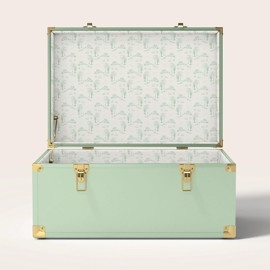 Momento Baby Keepsake Trunk | Personalized Heirloom Memory Box | Handcrafted in USA | Metal & Plywood Construction | Standard Size 20" (Green/Bunnies & Houses)