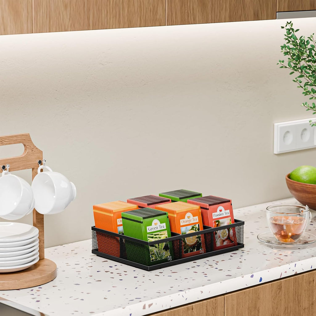 Tea Bag Organizer 6 Grids. Mesh Tea Bag Holder with Handle, Teabag Holder, Tea Station Organizer for Countertop, Pantry, Kitchen, Cabinet - Black