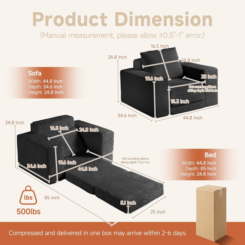 45" Convertible Sofa Chair Bed for Small Spaces, Corduroy Sleeper Chair with High Density Foam, No Assembly Folding Couch Chair with Armrests for Apartment Bedroom Guest Room