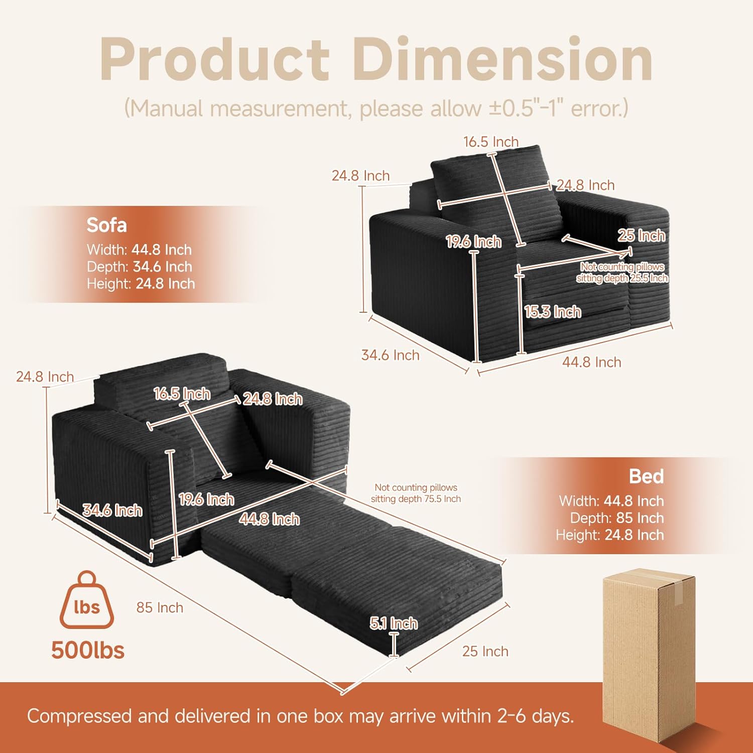 45" Convertible Sofa Chair Bed for Small Spaces, Corduroy Sleeper Chair with High Density Foam, No Assembly Folding Couch Chair with Armrests for Apartment Bedroom Guest Room
