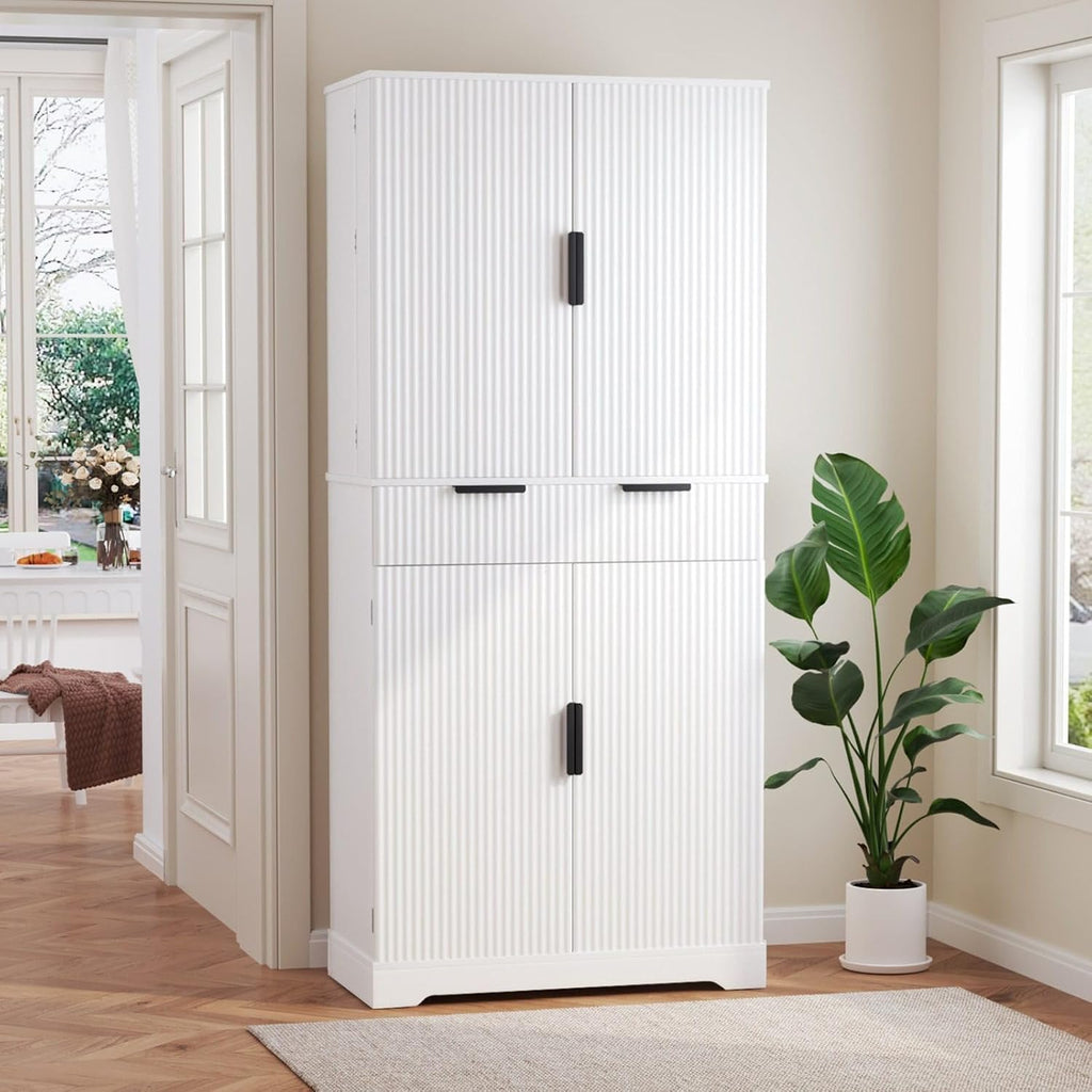 72" Kitchen Pantry Cabinet with 6 Door Shelves & 3 Keyboard Drawers, Freestanding Storage Cabinet with Adjustable Spice Racks, Large Capacity Cupboard for Dining Room
