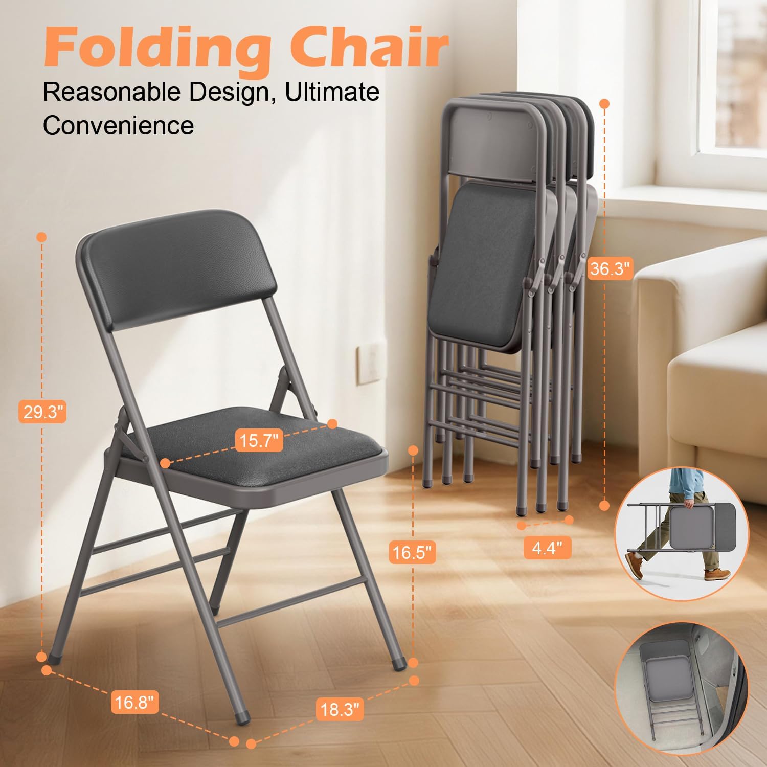 VTOY Commercial Grade Folding Chair with Padded Fabric Cushion（16"X16" |Double-hinged Legs Luxury Style|4.5kg Capacity Max Weight 150Kg for Home and Office,Indoor and Outdoor Events (2, PU-Gray)