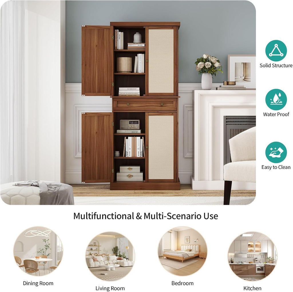 72.2” Tall Kitchen Pantry Cabinet with Rattan Doors, Walnut Freestanding Storage Hutch with 4 Adjustable Shelves and Drawer, Farmhouse Wood Cupboard for Dining Room & Living Room, 180° Hinges