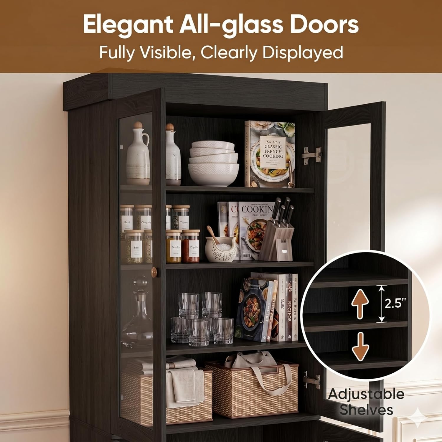 Vyre 71" Tall Farmhouse Kitchen Pantry, Set of 3 Large Storage Cabinets with Glass Doors, Freestanding Wood Hutch Cabinet with 3 Drawers, Adjustable Shelves for Living Room, Dining Room, Black