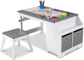 GLACER Kids Art Table and Chairs, Wooden Toddler Craft Table with Paper Roll & 4 Paint Cups, Activity Desk with Storage Shelves and 2 Fabric Bins, Art Station for Playroom, Nursery
