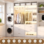 Besiost 4FT Closet Systems with 3CCT Sensor Light, 48 Inch Closet Organizer System with 5 Wood Drawers, 2 Hanging Rods & 7 Shelves, Heavy Duty 48" Walk-in Closet , White (48"L x 15" W x 80" H)