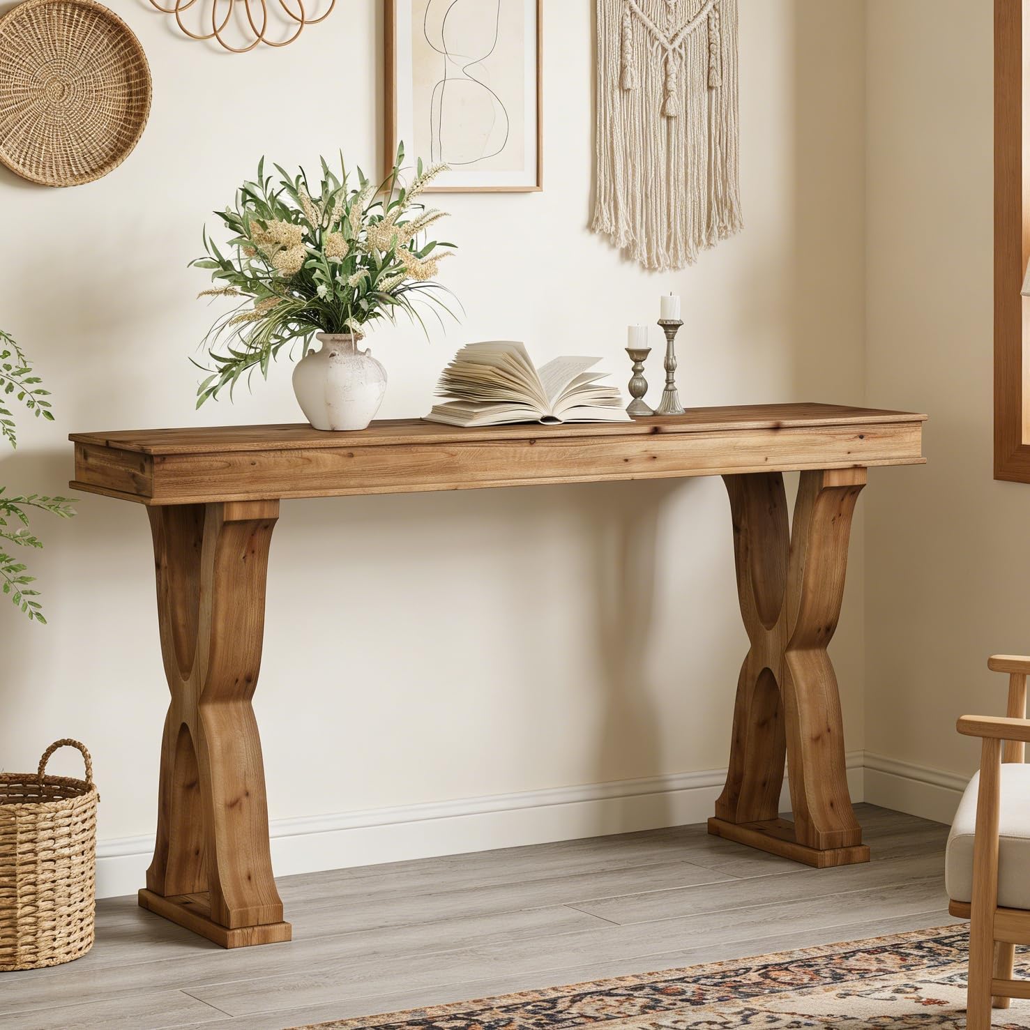 Solid Wood Console Table 63 Inch, Farmhouse Entryway Table with X-Shaped Legs, Narrow Sofa Table Behind Couch for Living Room, Hallway, Foyer, Sturdy & Easy Assembly