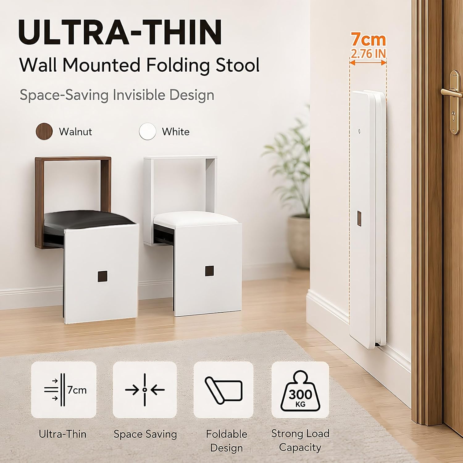 Wall Mount Folding Shoe Stool for Mudroom, Invisible Hideaway Entryway Bench with Soft Leather Seat, 7cm Ultra Thin Hanging Chair for Hallway and Small Spaces, Walnut(Black)