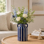 SURE YUESI Blue Ceramic Vase with Handles, Modern Farmhouse Striped Decorative Vase, 9.1" Art Deco Tall Flower Vases for Pampas Grass, Shelf Decor, Dining Table Centerpiece, Living Room Home Decor