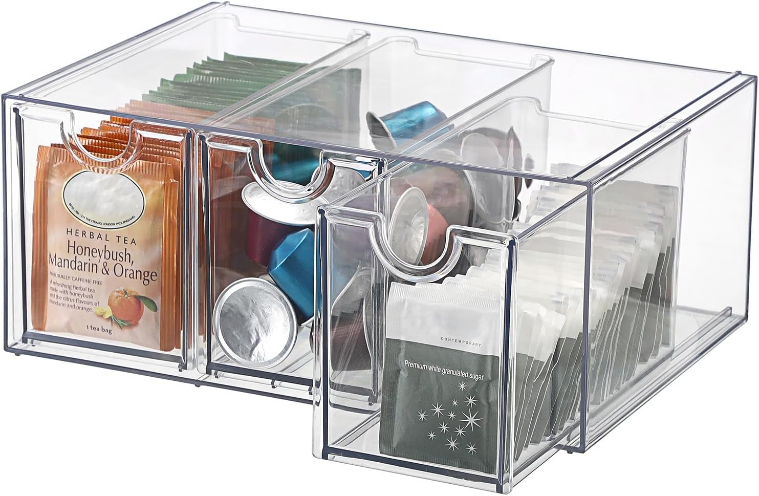ELLDOO 3 Drawers Tea Bag Organizer Box, Clear Acrylic Stackable Tea Bag Storage Holder for Kitchen Pantry, Coffee Pod Snack Storage for Countertop Cabinet